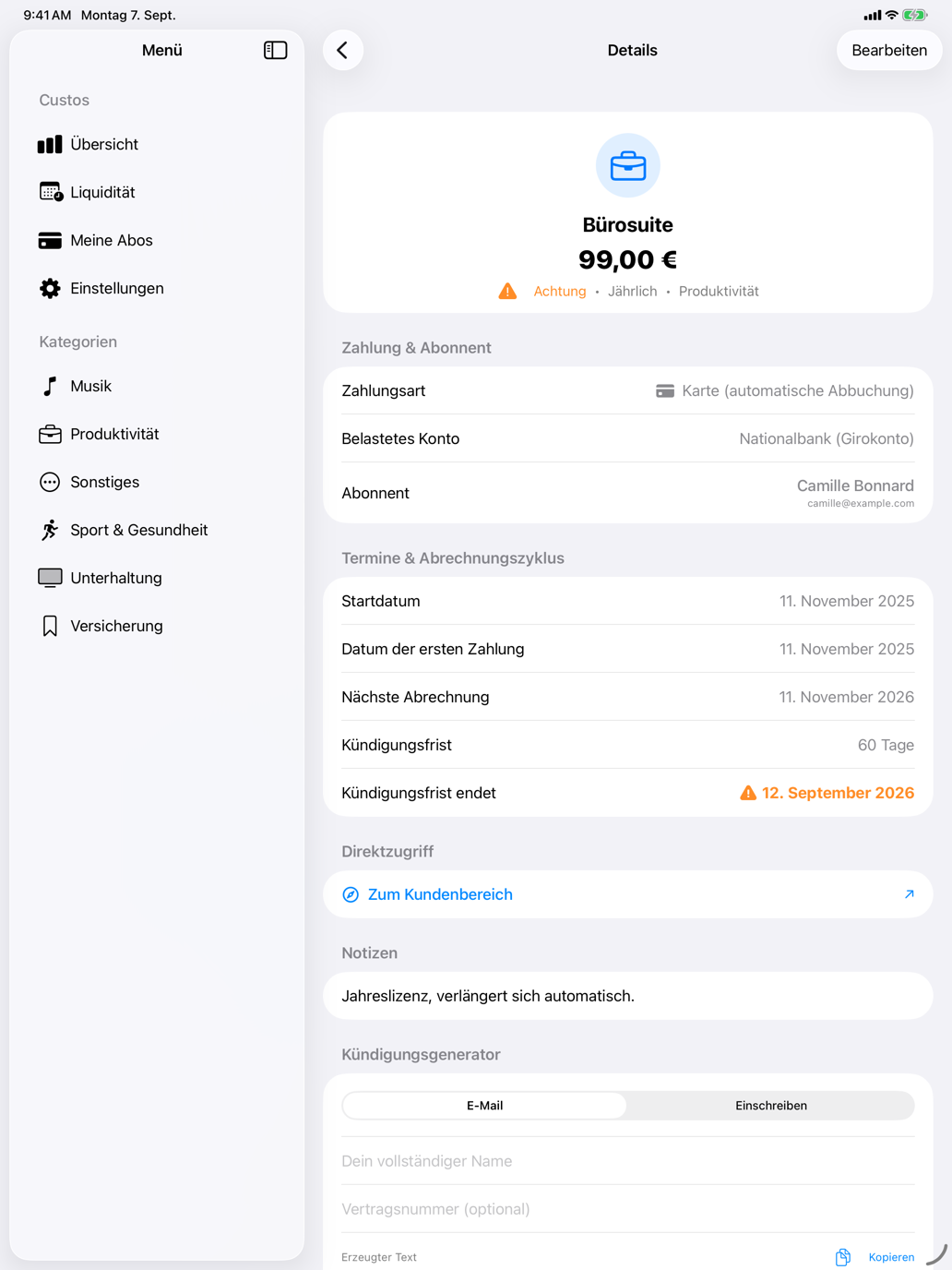Die aus der Kündigungsfrist errechnete Frist, mit der zugehörigen Warnung. — Custos, iPad