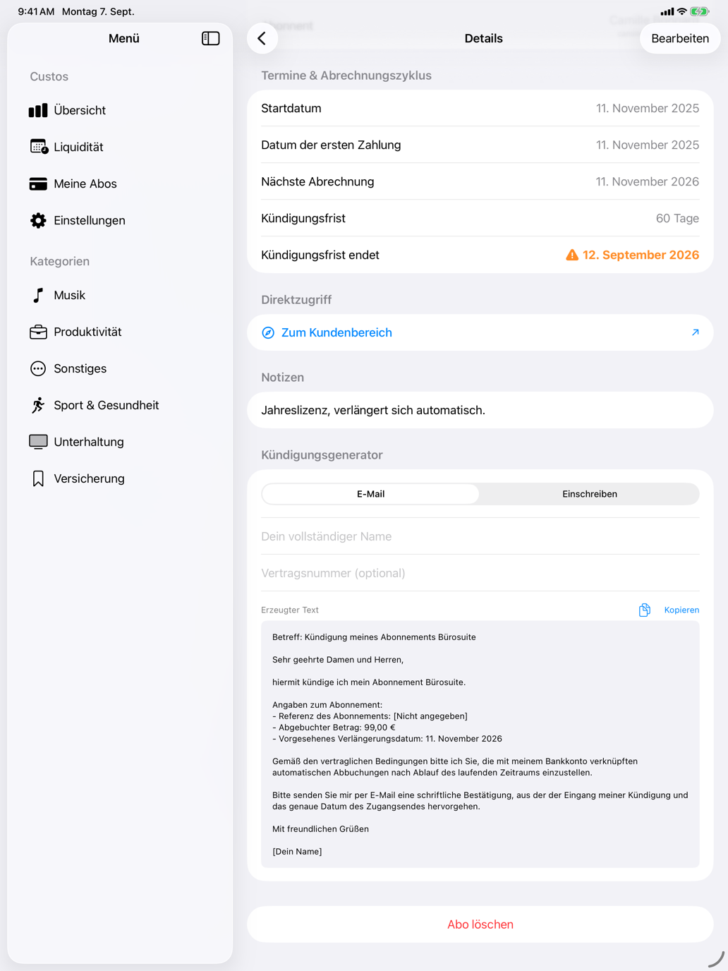 E-Mail oder Einschreiben, Betrag, Referenz und Datum bereits ausgefüllt. — Custos, iPad