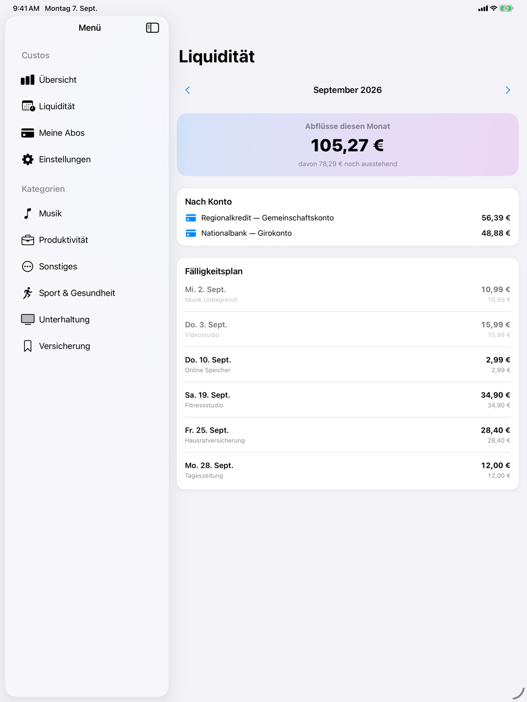 Ausgaben des Monats, nach Bankkonto aufgeteilt, mit Zeitplan Tag für Tag. — Custos, iPad
