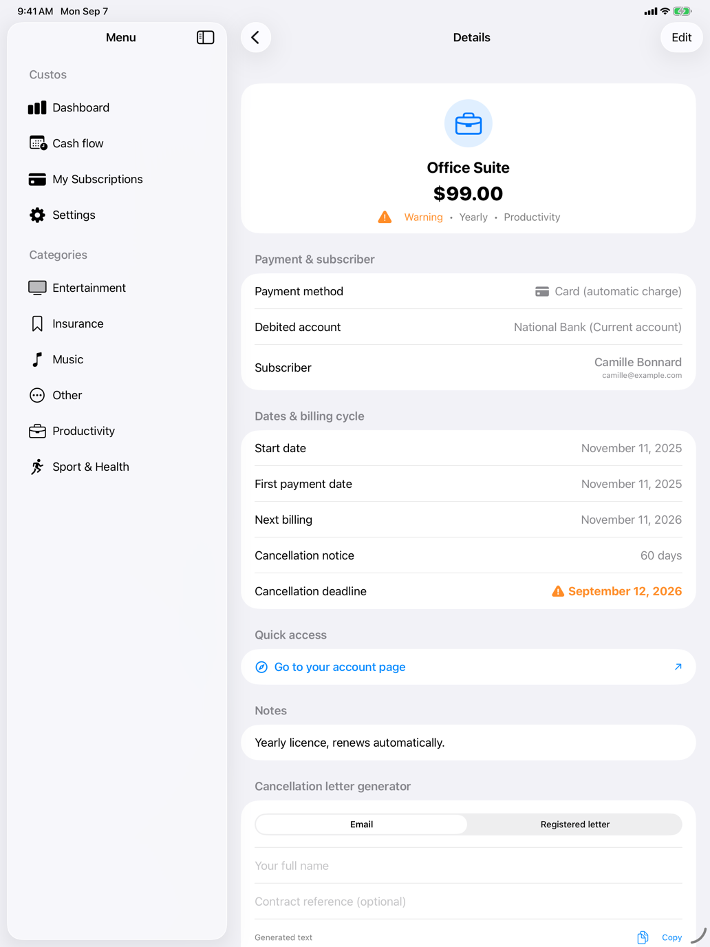 The cancellation deadline, worked out from the notice period, and its alert. — Custos, iPad