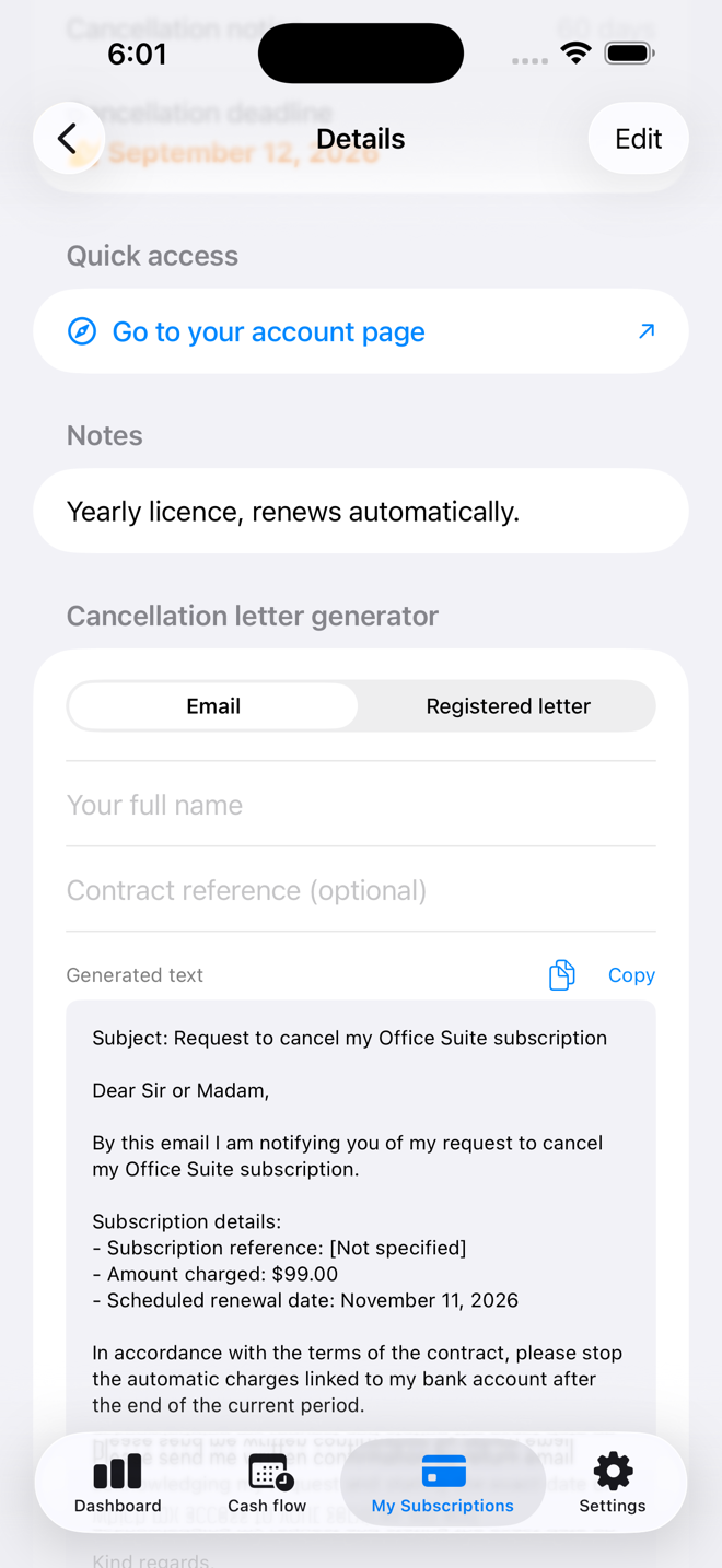 Email or registered letter, amount, reference and date already filled in. — Custos, iPhone