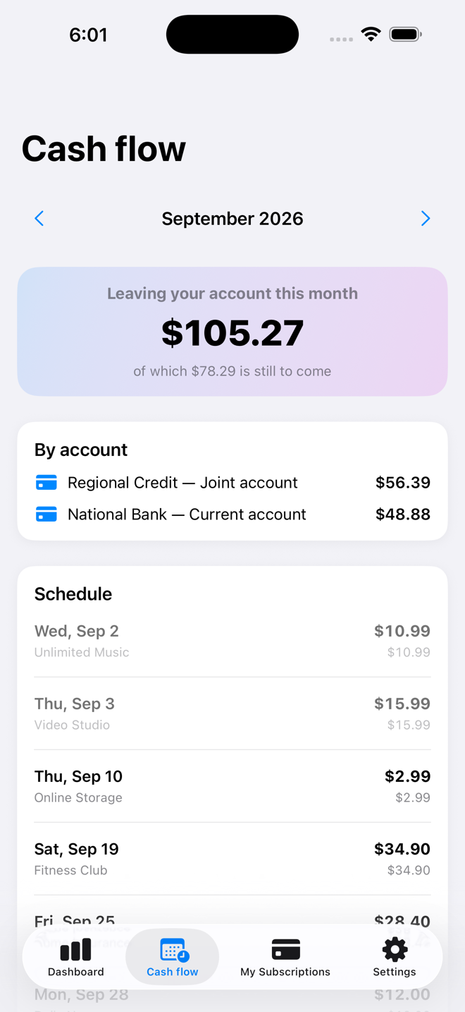 The month’s outgoings, split by bank account, with a day-by-day schedule. — Custos, iPhone