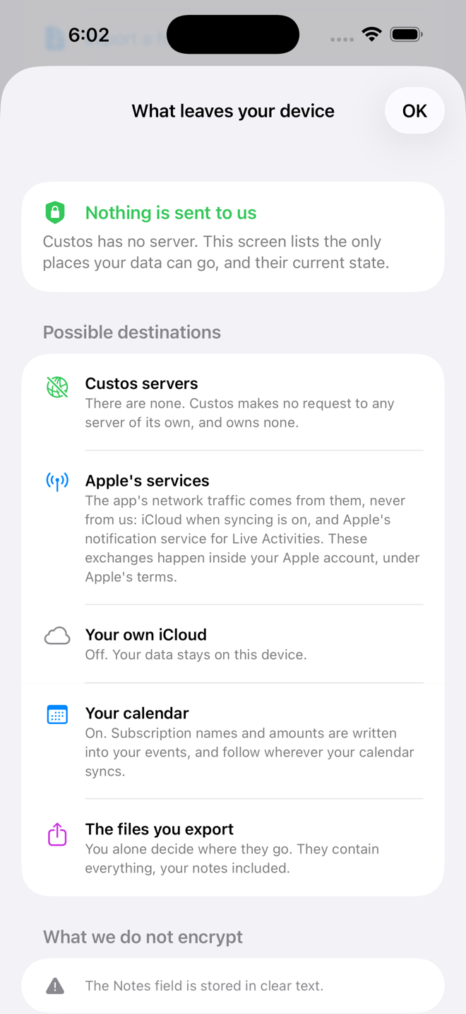 The screen lists the only possible destinations for your data, and their state. — Custos, iPhone