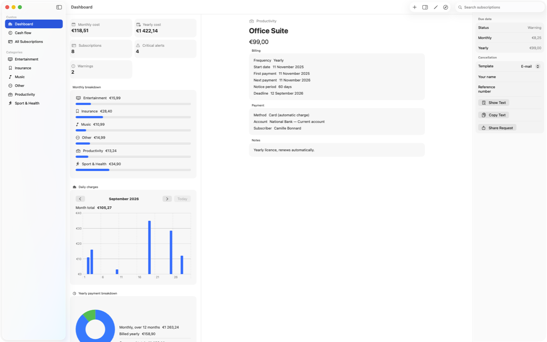 Costs smoothed monthly and yearly, alerts up top, breakdown by category. — Custos, Mac