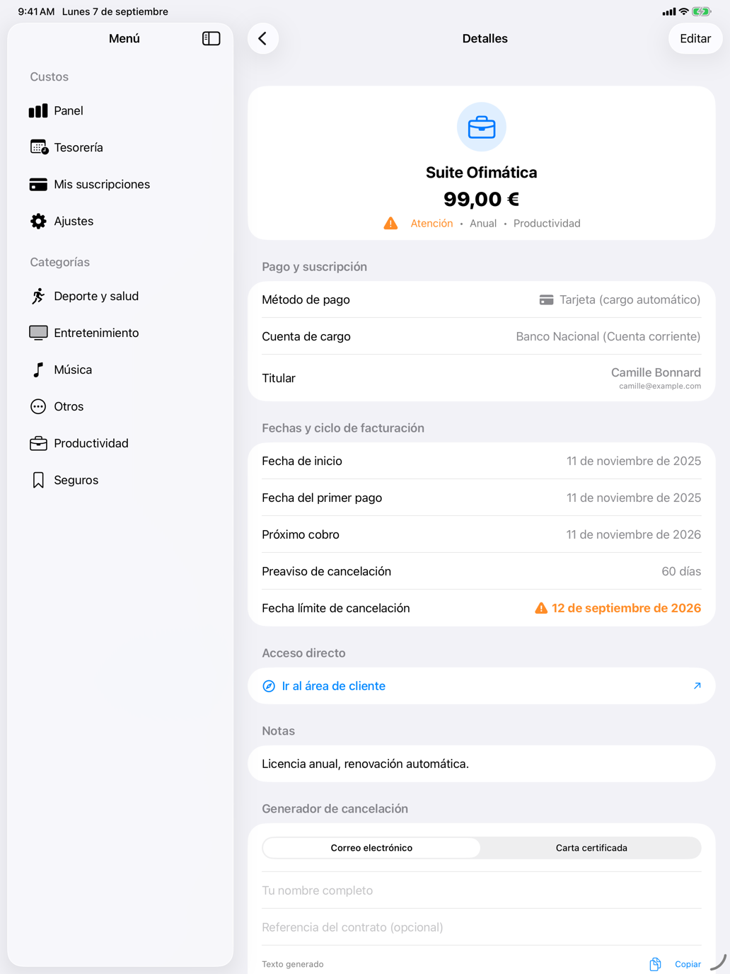 La fecha límite de cancelación, deducida del preaviso, con su alerta. — Custos, iPad