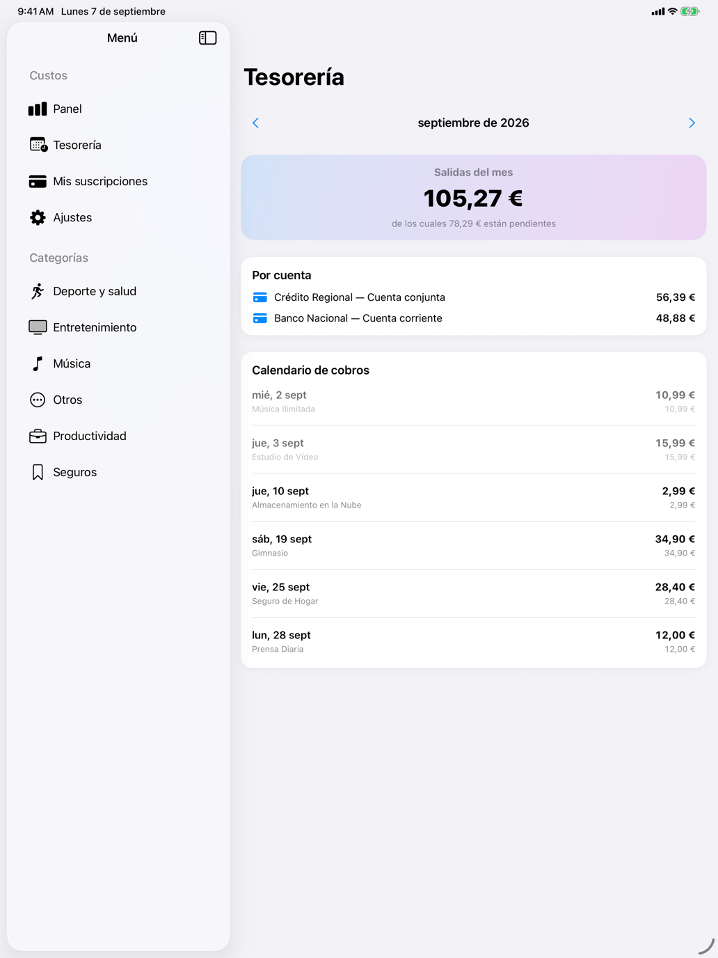 Salidas del mes, desglosadas por cuenta bancaria, con calendario día a día. — Custos, iPad