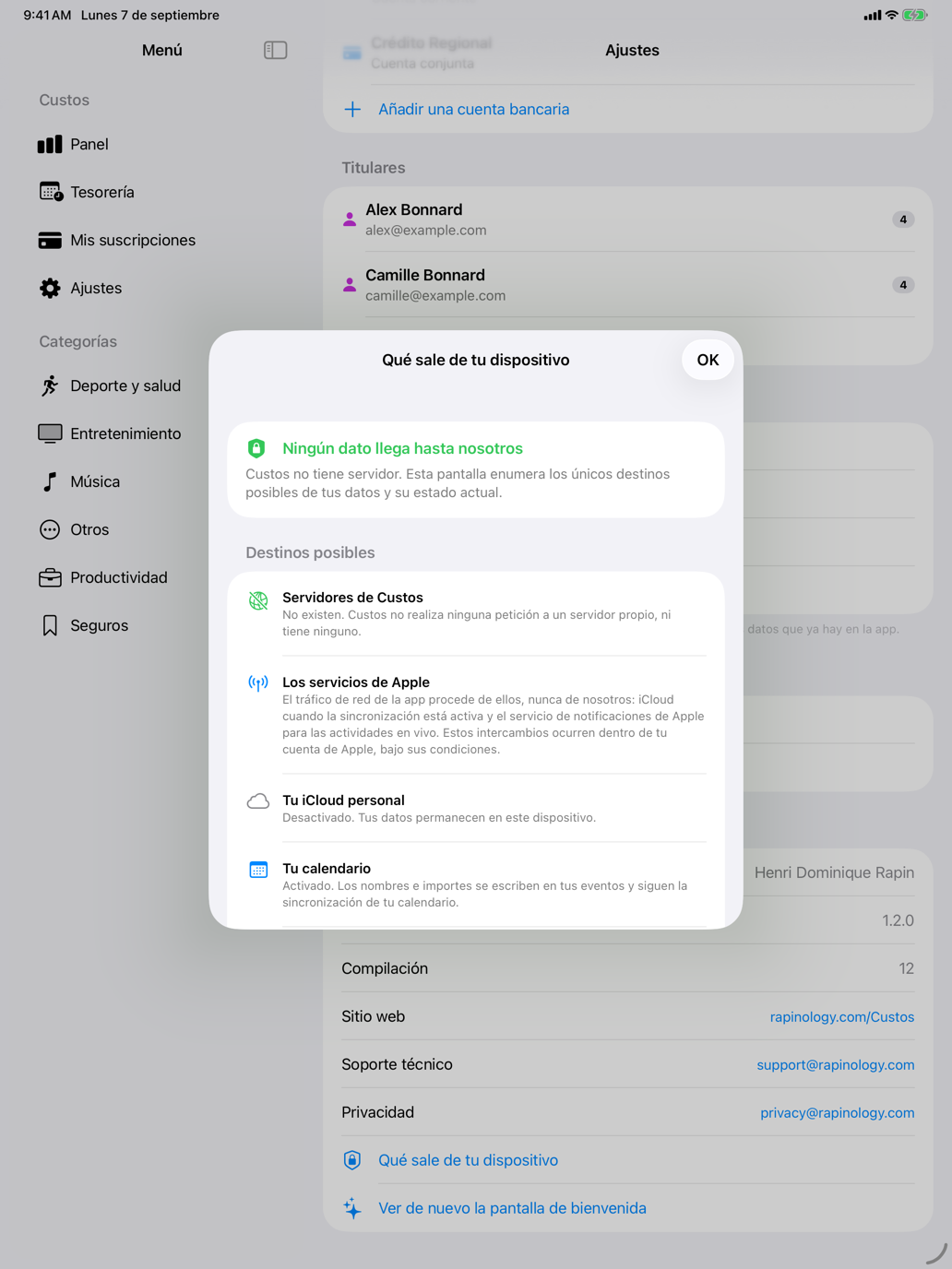 La pantalla enumera los únicos destinos posibles de tus datos, y su estado. — Custos, iPad