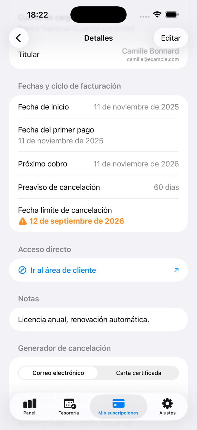 La fecha límite de cancelación, deducida del preaviso, con su alerta. — Custos, iPhone