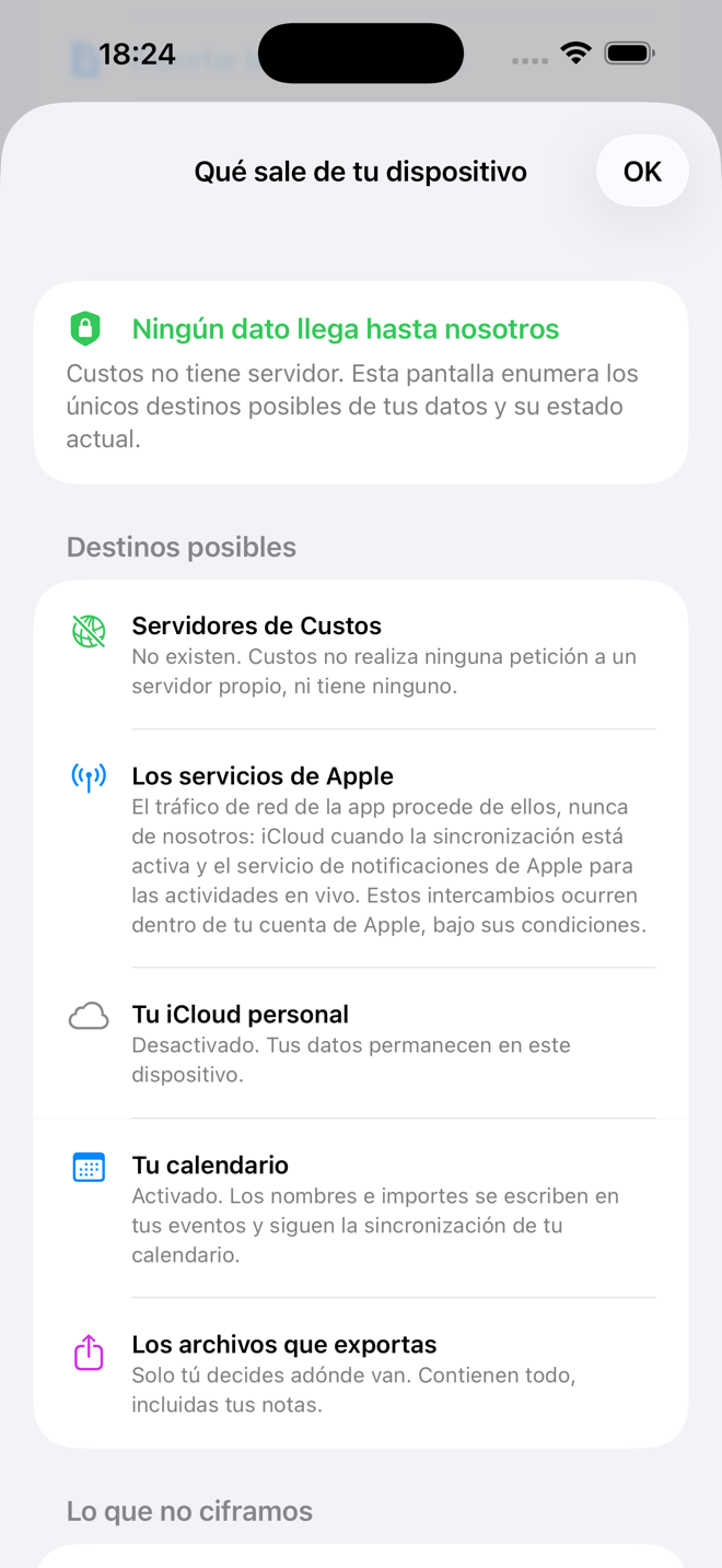 La pantalla enumera los únicos destinos posibles de tus datos, y su estado. — Custos, iPhone