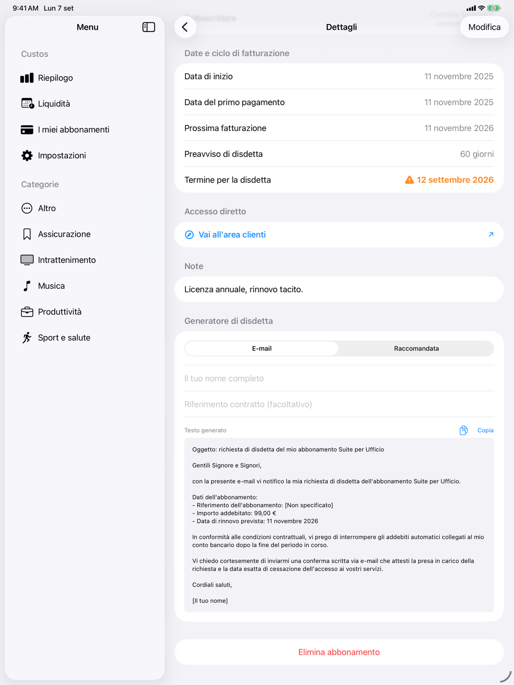 E-mail o raccomandata, con importo, riferimento e data già compilati. — Custos, iPad