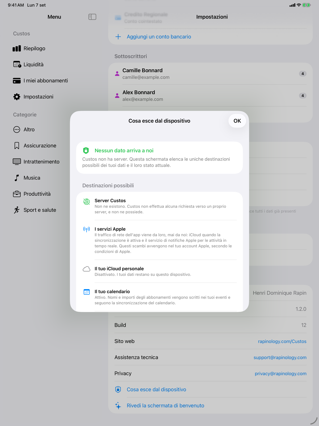 La schermata elenca le uniche destinazioni possibili dei tuoi dati, e il loro stato. — Custos, iPad