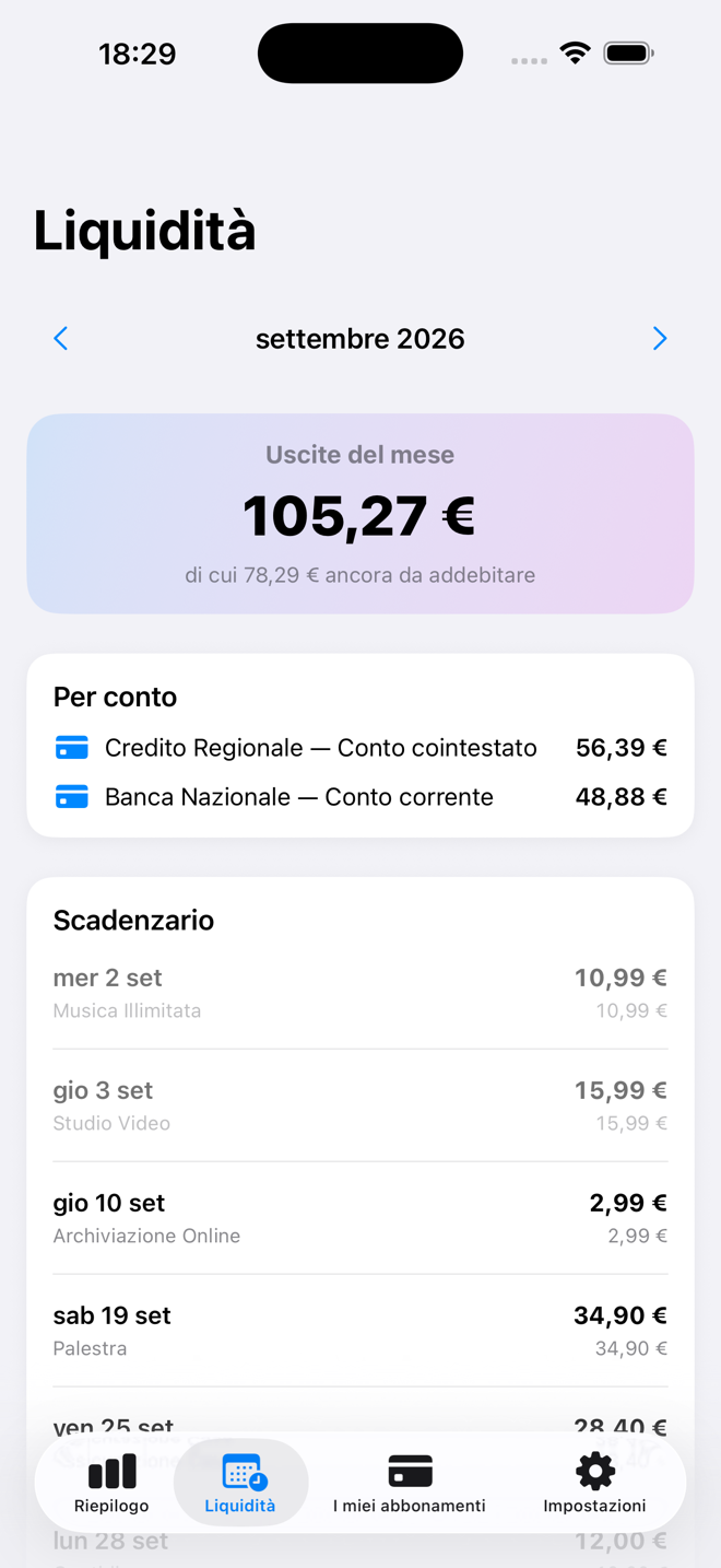 Uscite del mese, ripartite per conto bancario, con scadenzario giorno per giorno. — Custos, iPhone