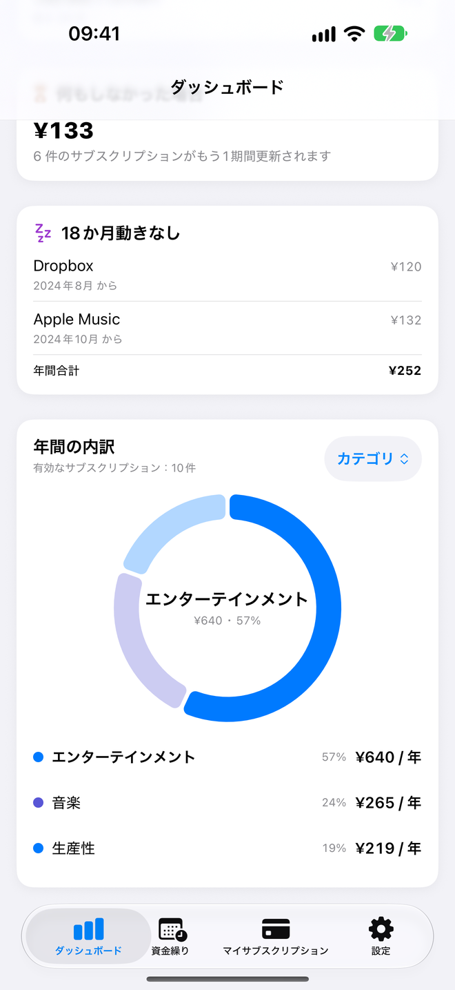 1年間の支出をカテゴリ別にリング図で表示し、それぞれの年額を添える。 — Custos, iPhone