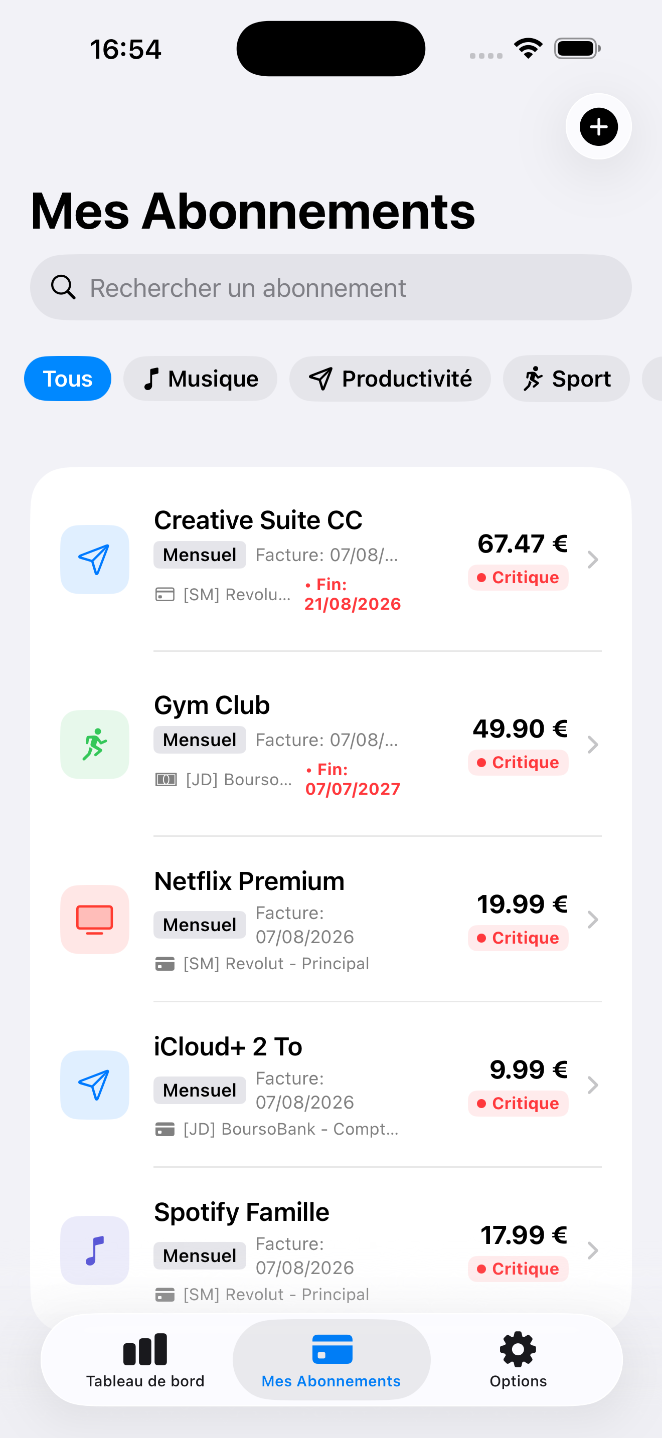 Subscription list with warning badges