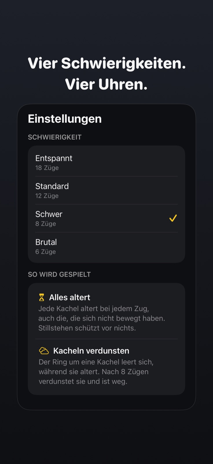 Schwierigkeitsauswahl und Spielregeln