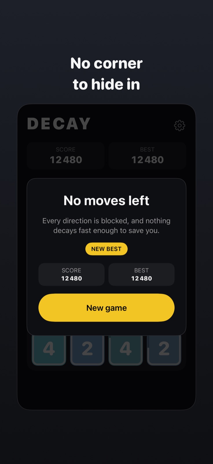 Game over screen with the final score