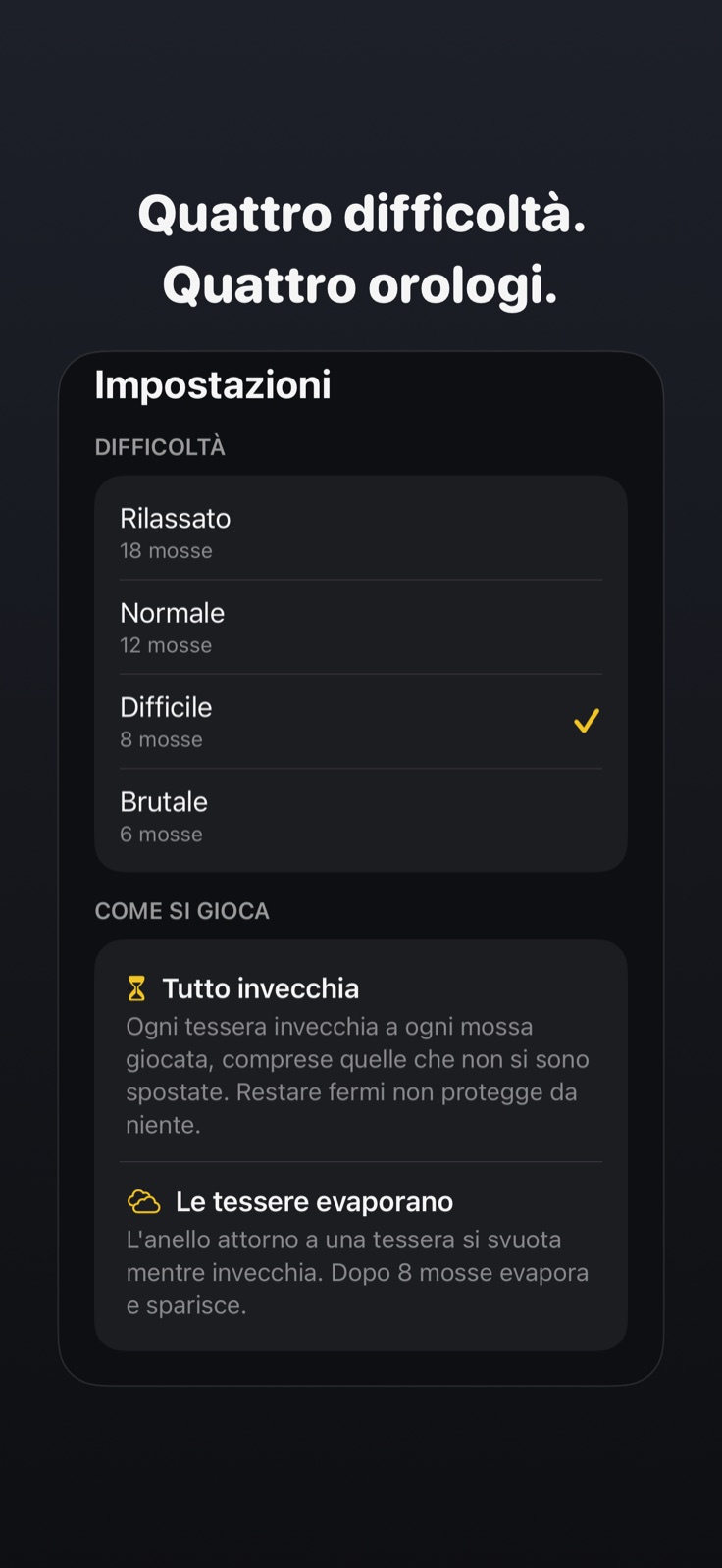 Selezione della difficoltà e regole del gioco