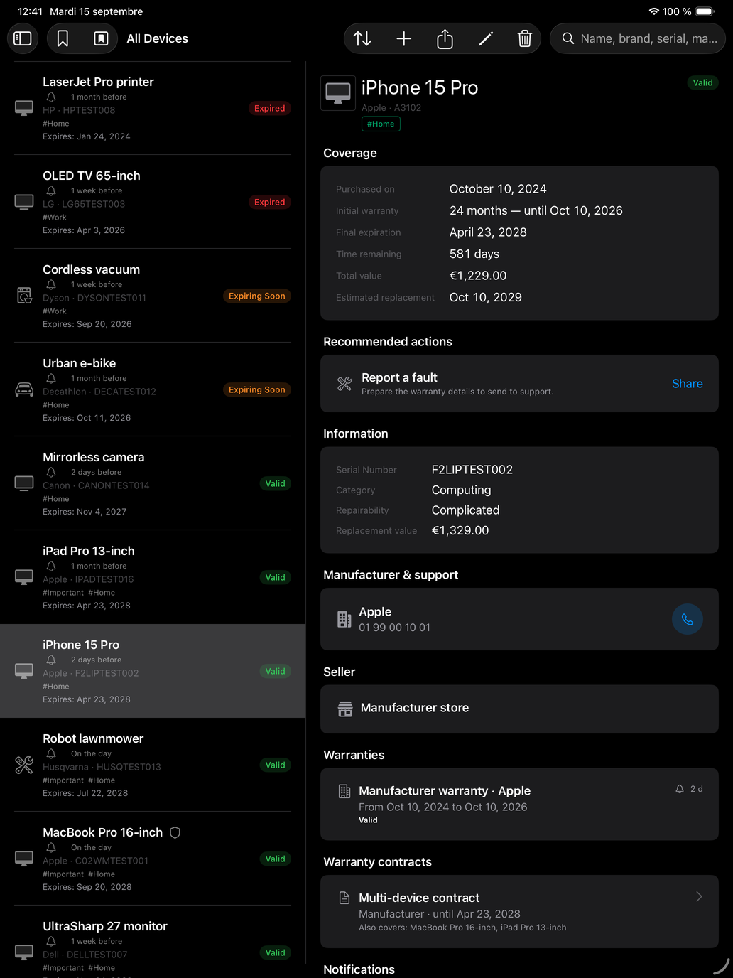 设备列表与 iPhone 15 Pro 的详情并排显示 — Durabilis, iPad
