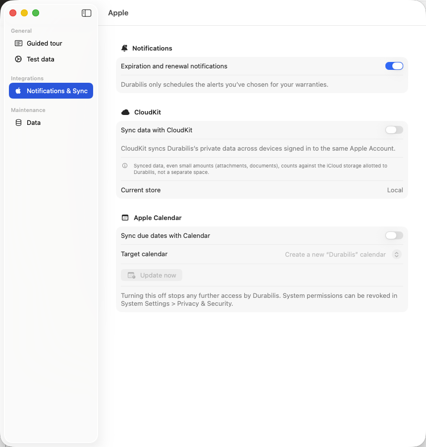 通知与同步设置:提醒、CloudKit 和 Apple 日历 — Durabilis, Mac