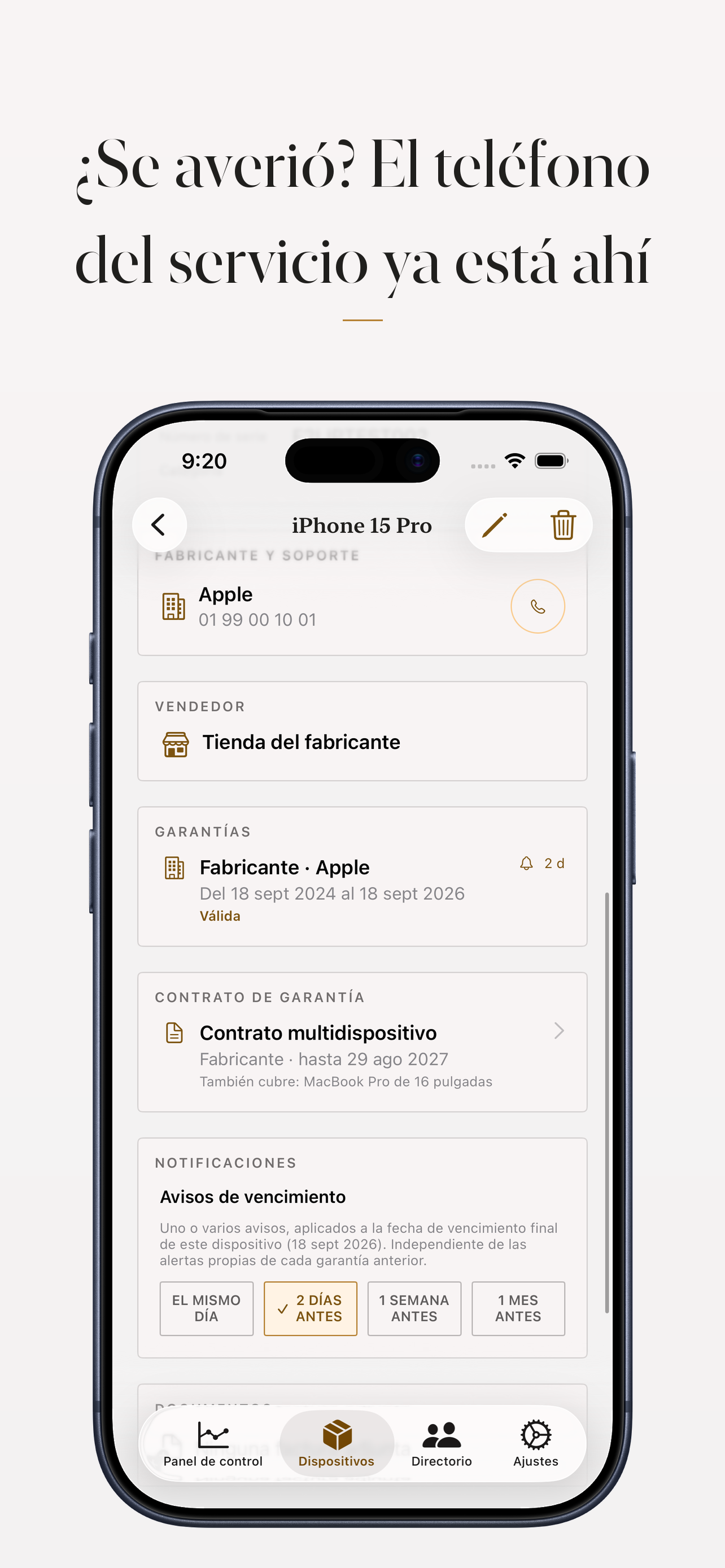 Ficha de un dispositivo con la sección de servicio técnico desplegada