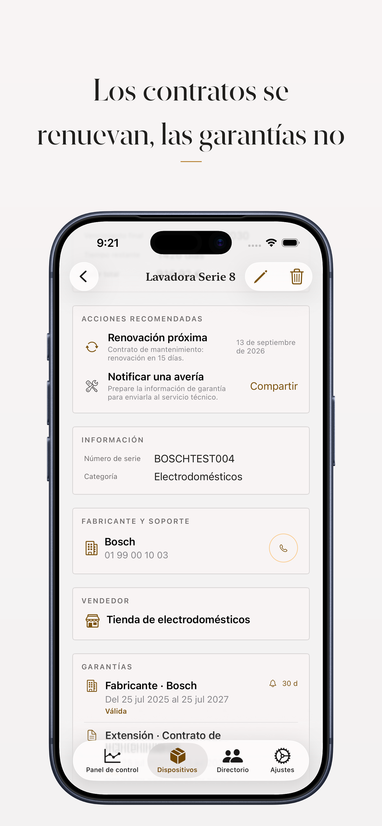 Ficha de una lavadora con su contrato de mantenimiento renovable