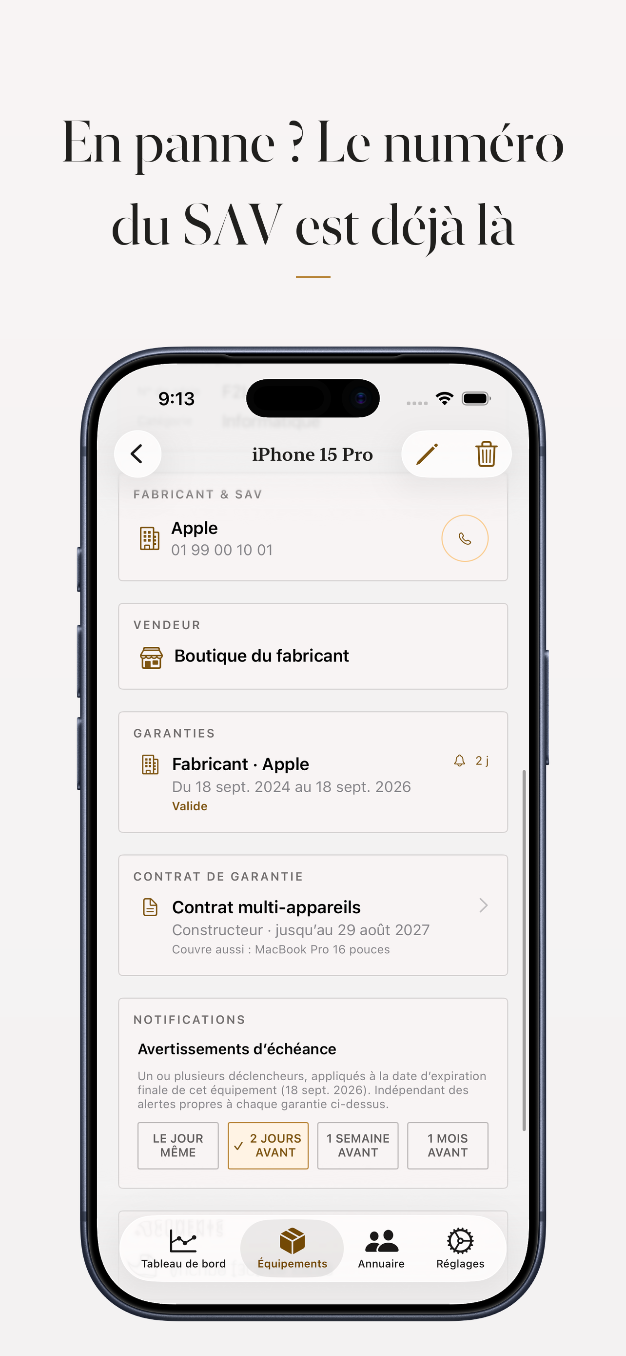 Fiche d’un appareil avec la section service après-vente dépliée