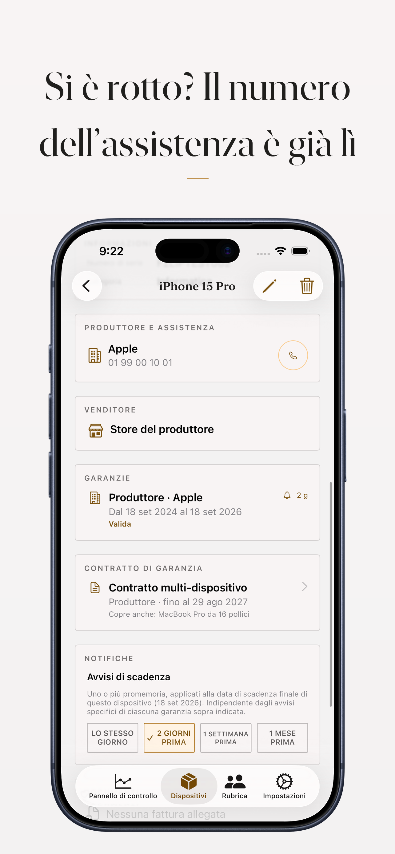Scheda di un dispositivo con la sezione assistenza aperta