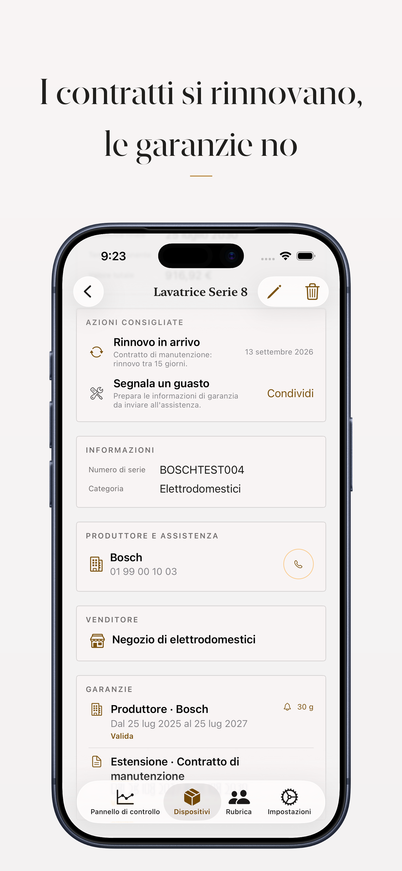 Scheda di una lavatrice con il suo contratto di manutenzione rinnovabile
