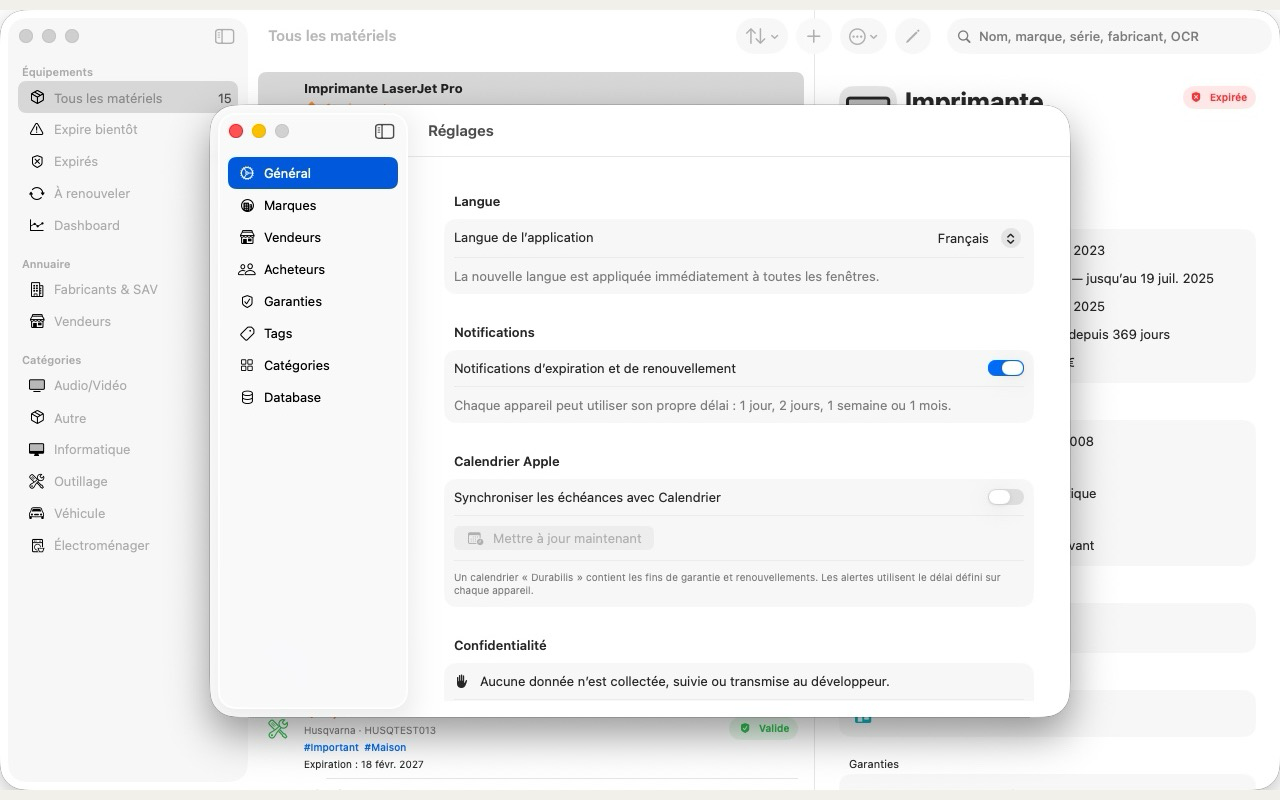 Durabilis settings showing language, notifications, Calendar and privacy options