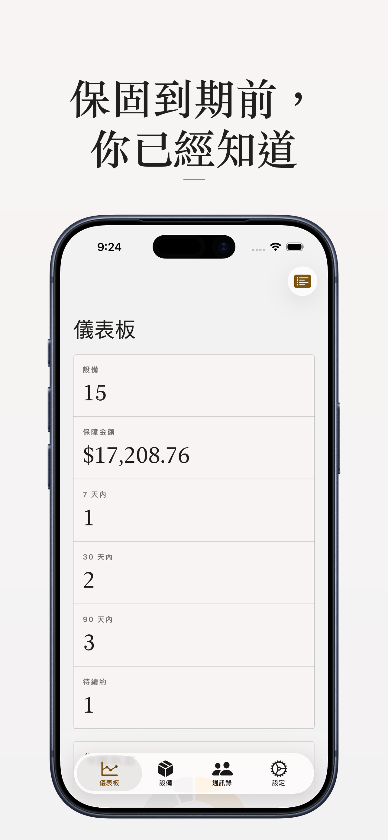 Durabilis 儀表板,顯示需要留意的到期項目