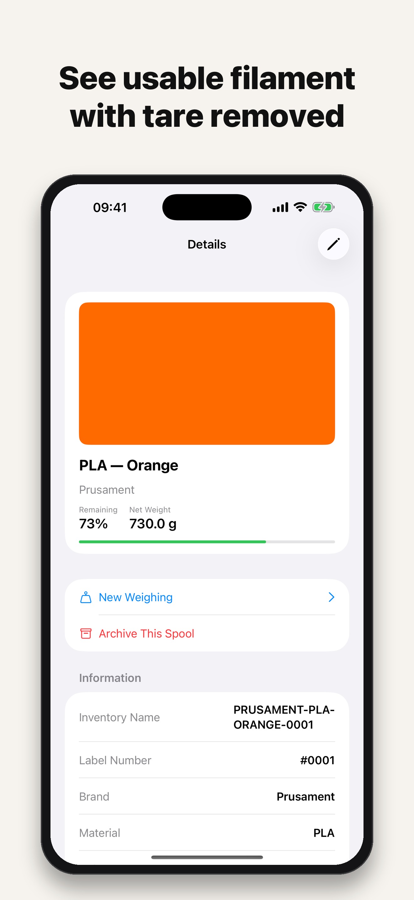 Spool details and remaining filament weight