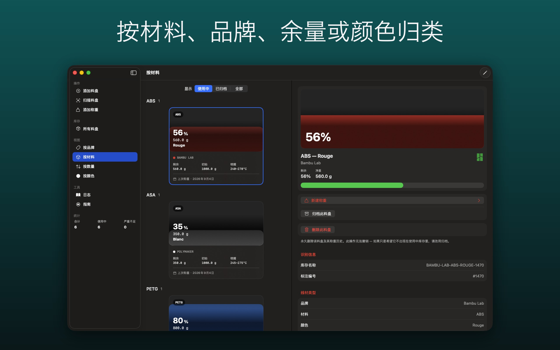 按材料分組的線材卷及紅色 ABS 線材卷的詳情 — FilamentKeeper, Mac