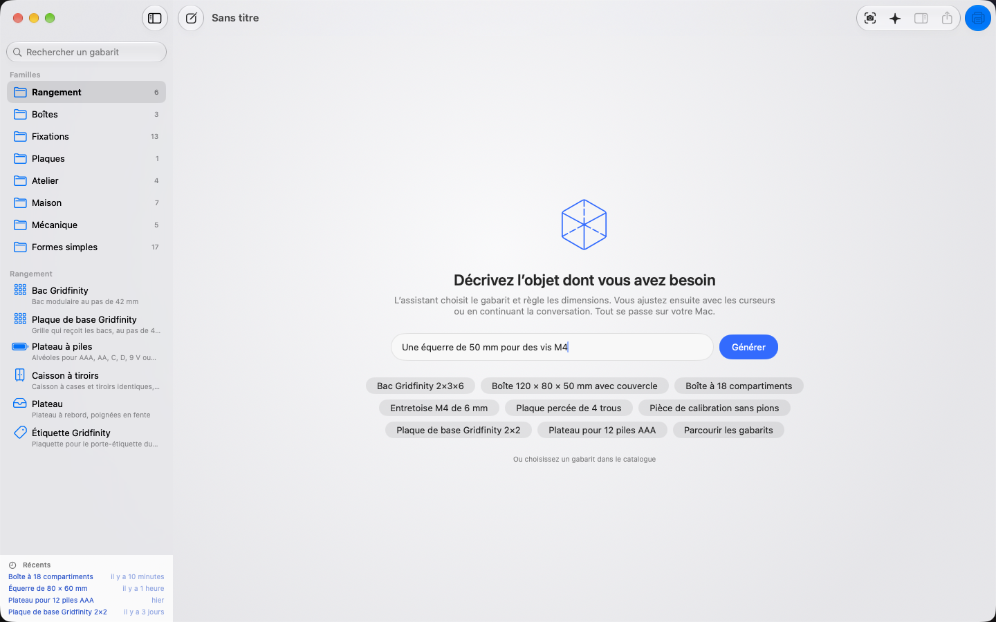 Une phrase suffit. Des suggestions et le catalogue des gabarits sont à portée de clic. — Forma, Mac