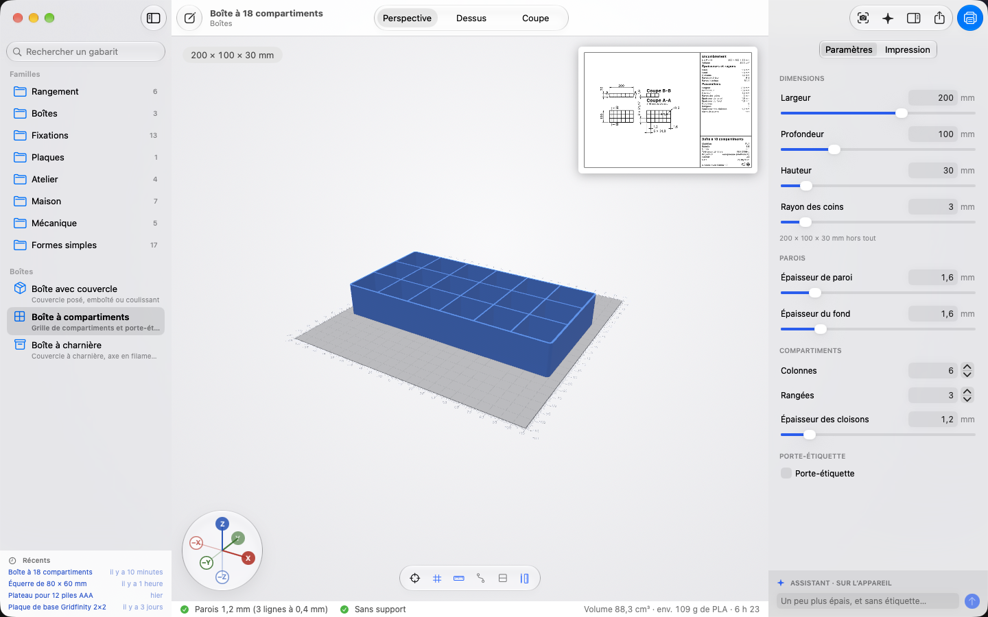 Dimensions, parois, compartiments : la vue 3D suit chaque réglage. — Forma, Mac