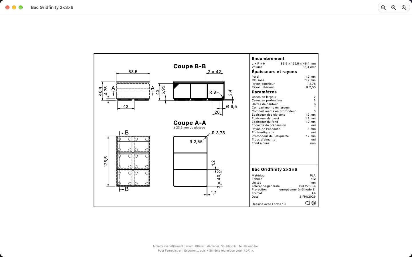 Coupes, cotes et cartouche, redessinés à chaque réglage, à imprimer en PDF. — Forma, Mac