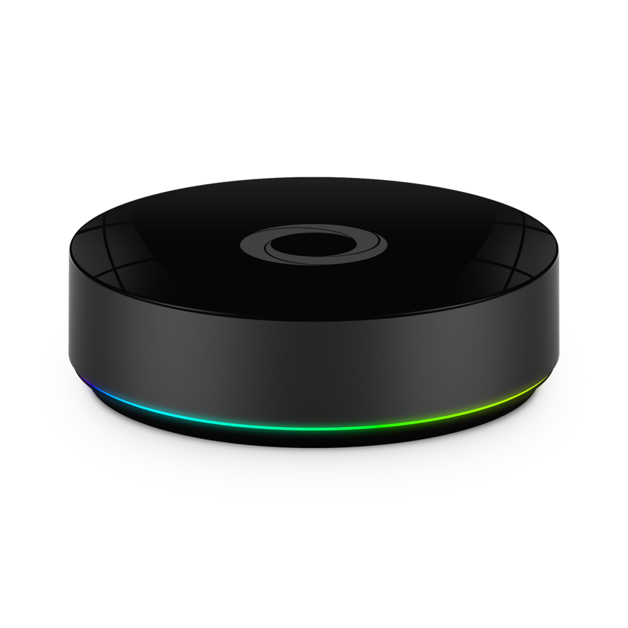 La box Homey Pro, vue de face, son anneau lumineux allumé