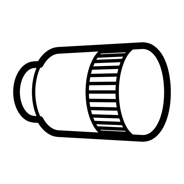 Tête thermostatique — Une bague crantée, un écrou de raccord, vue presque de profil.