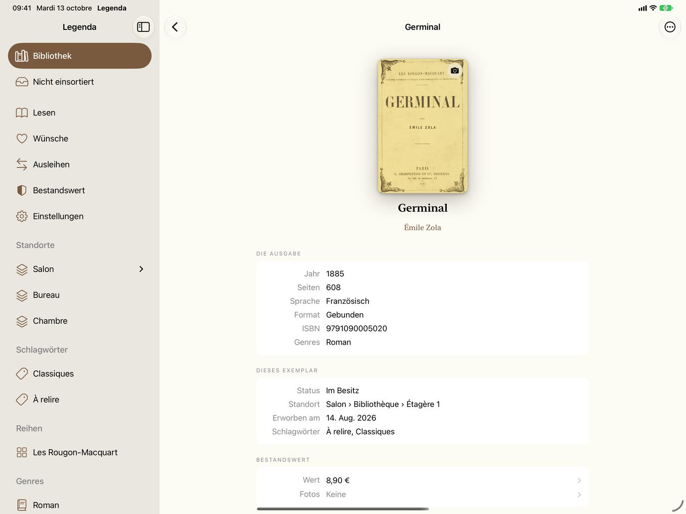 Buchkarte. Ausgabe, Standort, Schlagwörter und Wert. — Legenda, iPad