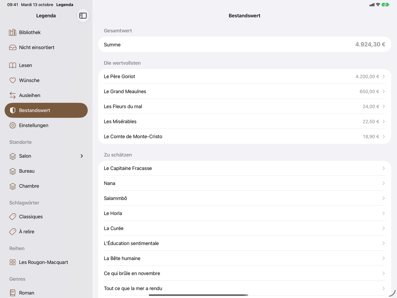 Bestandswert. Datierte Werte, wertvolle Exemplare, PDF. — Legenda, iPad