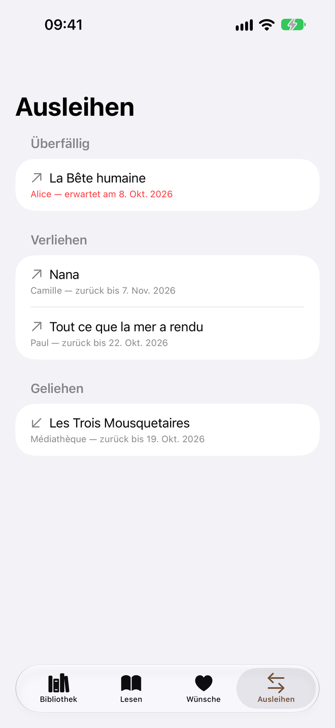 Ausleihen. Verliehen und geliehen, Verspätungen auf einen Blick. — Legenda, iPhone