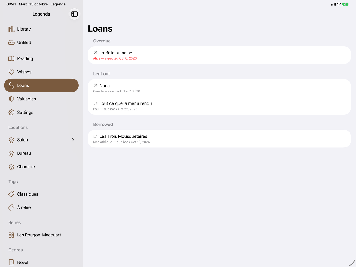 Loans. Loans and borrowings, with return reminders. — Legenda, iPad