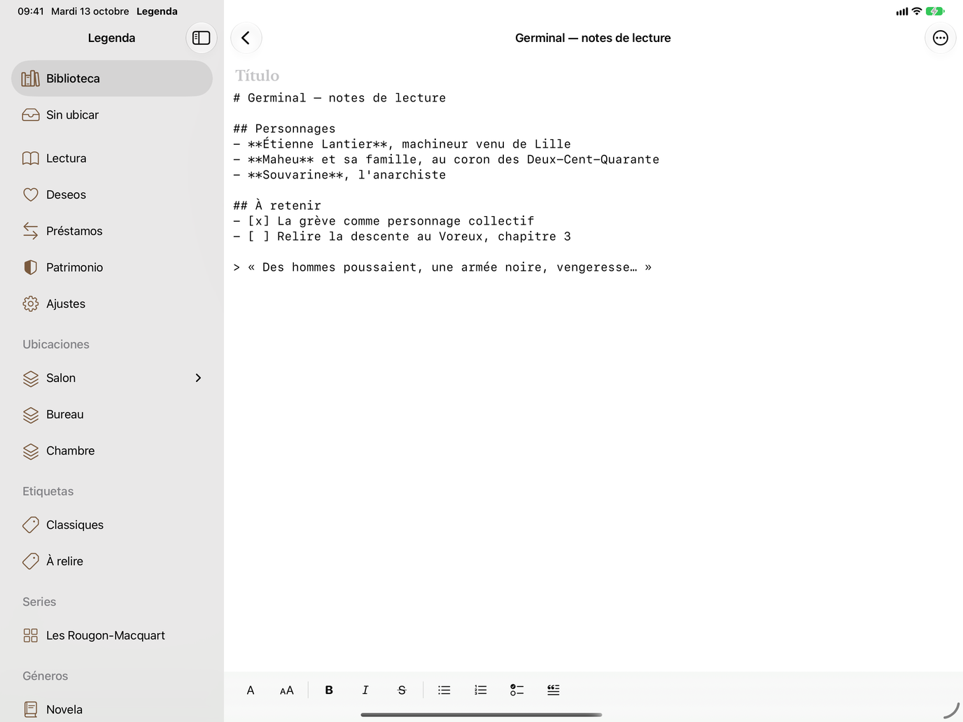 Notas. Títulos, listas y citas, con su historial. — Legenda, iPad