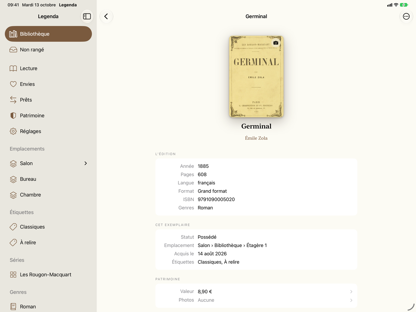 Fiche. Édition, emplacement, étiquettes et valeur. — Legenda, iPad
