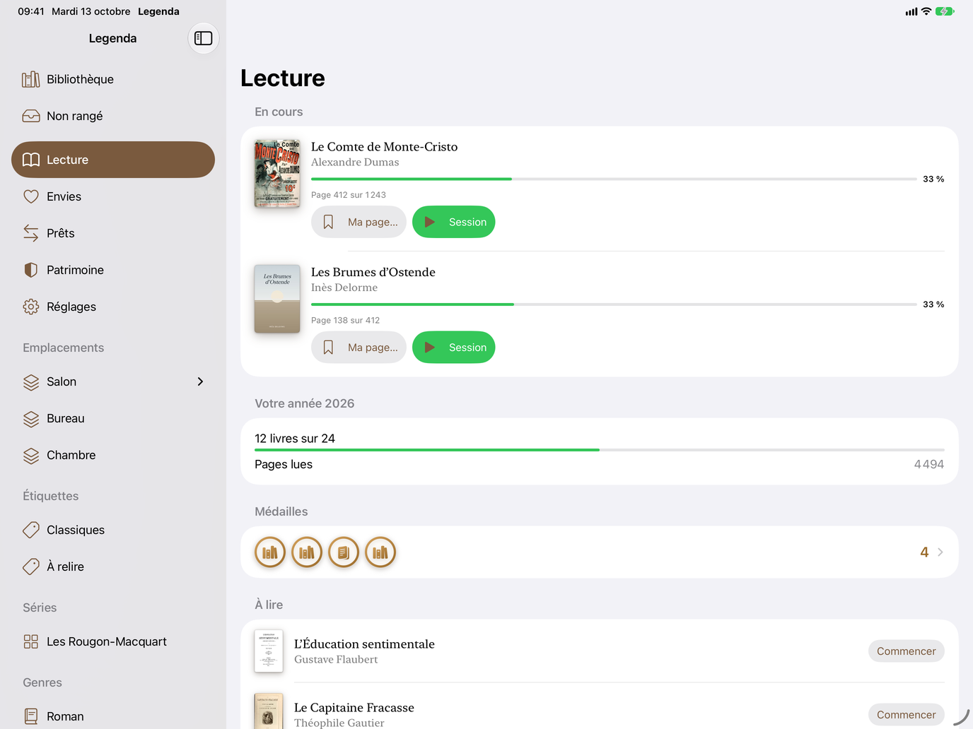 Lecture. Livres en cours, pages lues, médailles. — Legenda, iPad