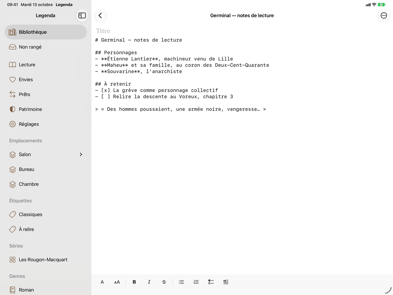 Notes. Titres, listes et citations, avec leur historique. — Legenda, iPad