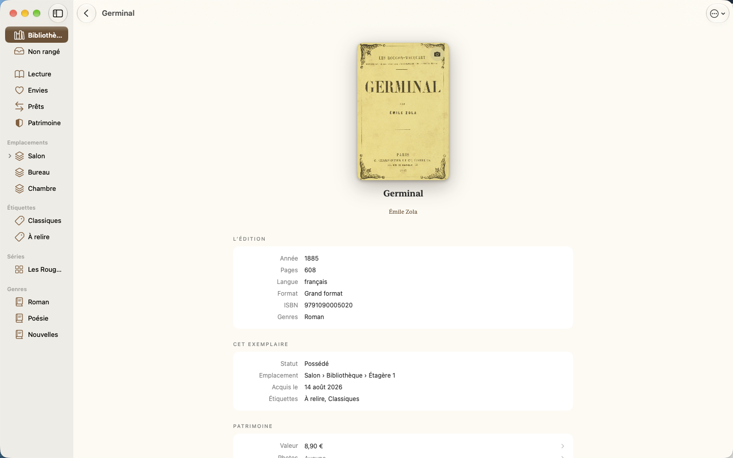 Fiche. Édition, emplacement, étiquettes et valeur. — Legenda, Mac