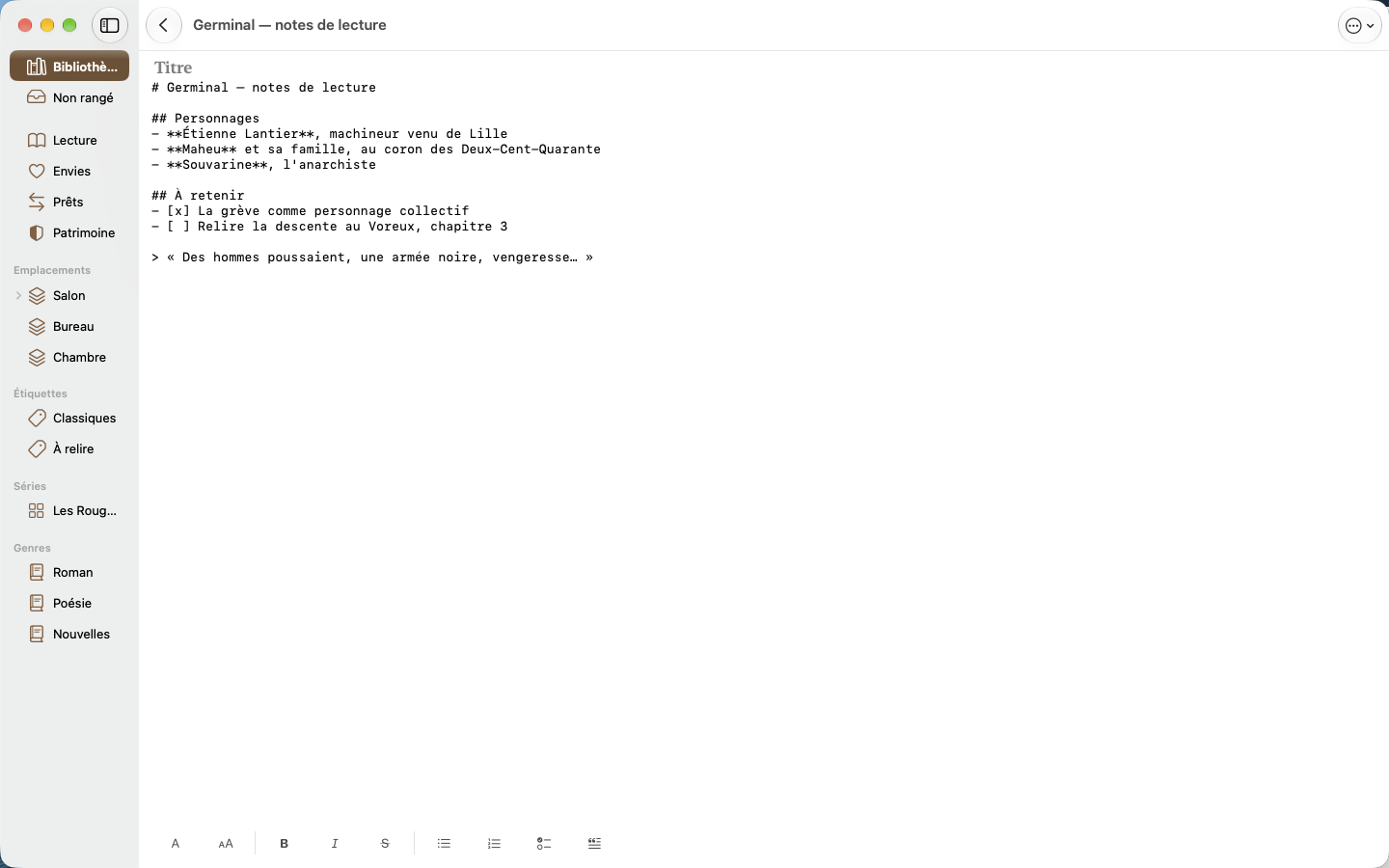 Notes. Titres, listes et citations, avec leur historique. — Legenda, Mac