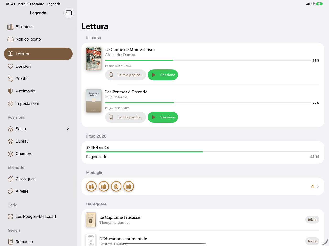 Lettura. Libri in corso, pagine lette, medaglie. — Legenda, iPad