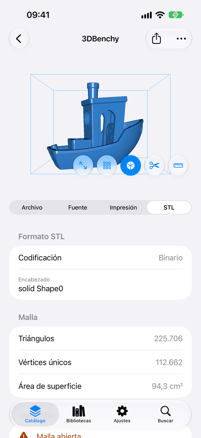 Ficha del objeto. Triángulos, vértices y superficie, leídos del archivo. — Schama, iPhone