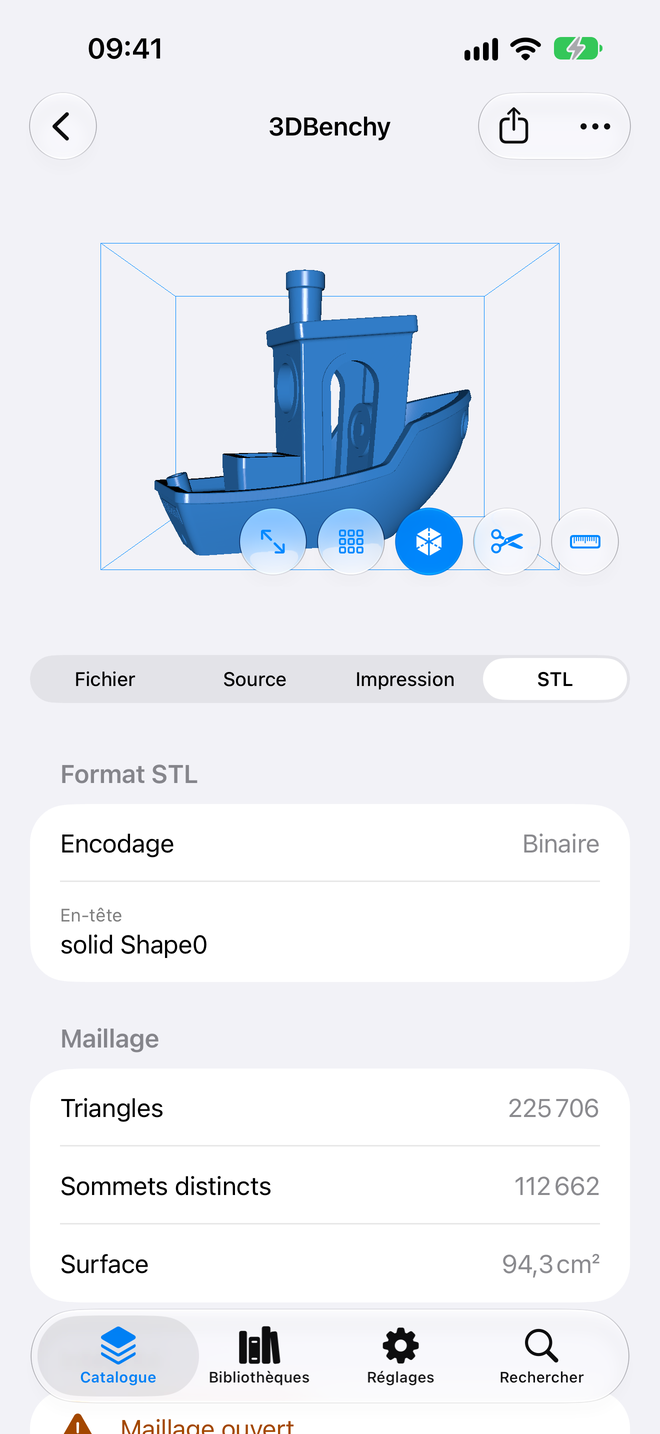 Fiche objet. Triangles, sommets et surface, lus dans le fichier. — Schama, iPhone
